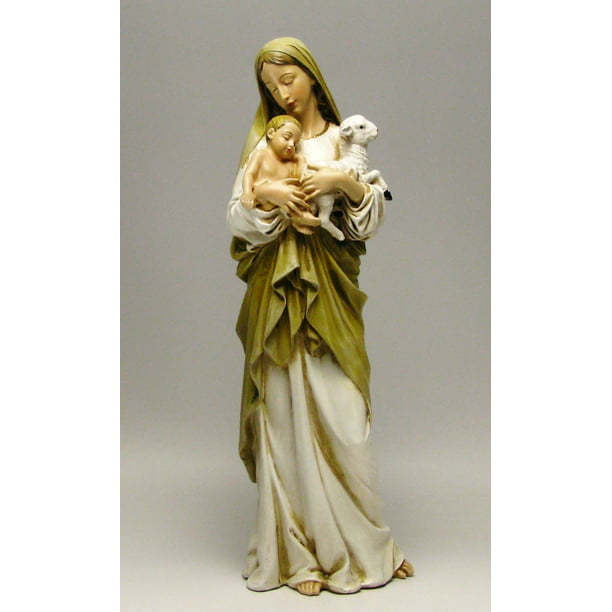 Virgin Mary Madonna with Jesus & Lamb Statue Bronzed Resin Figurine Store of Beautiful and Decor! 
